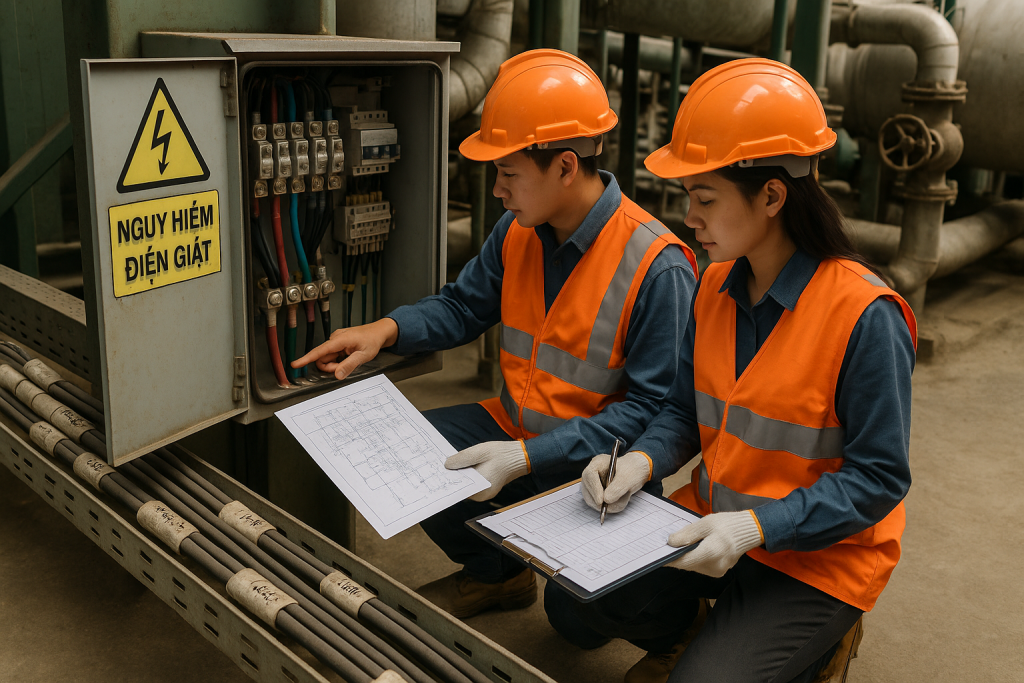 Kỹ sư kiểm tra checklist và bản vẽ đấu nối bên tủ điện mở tại nhà máy biomass
