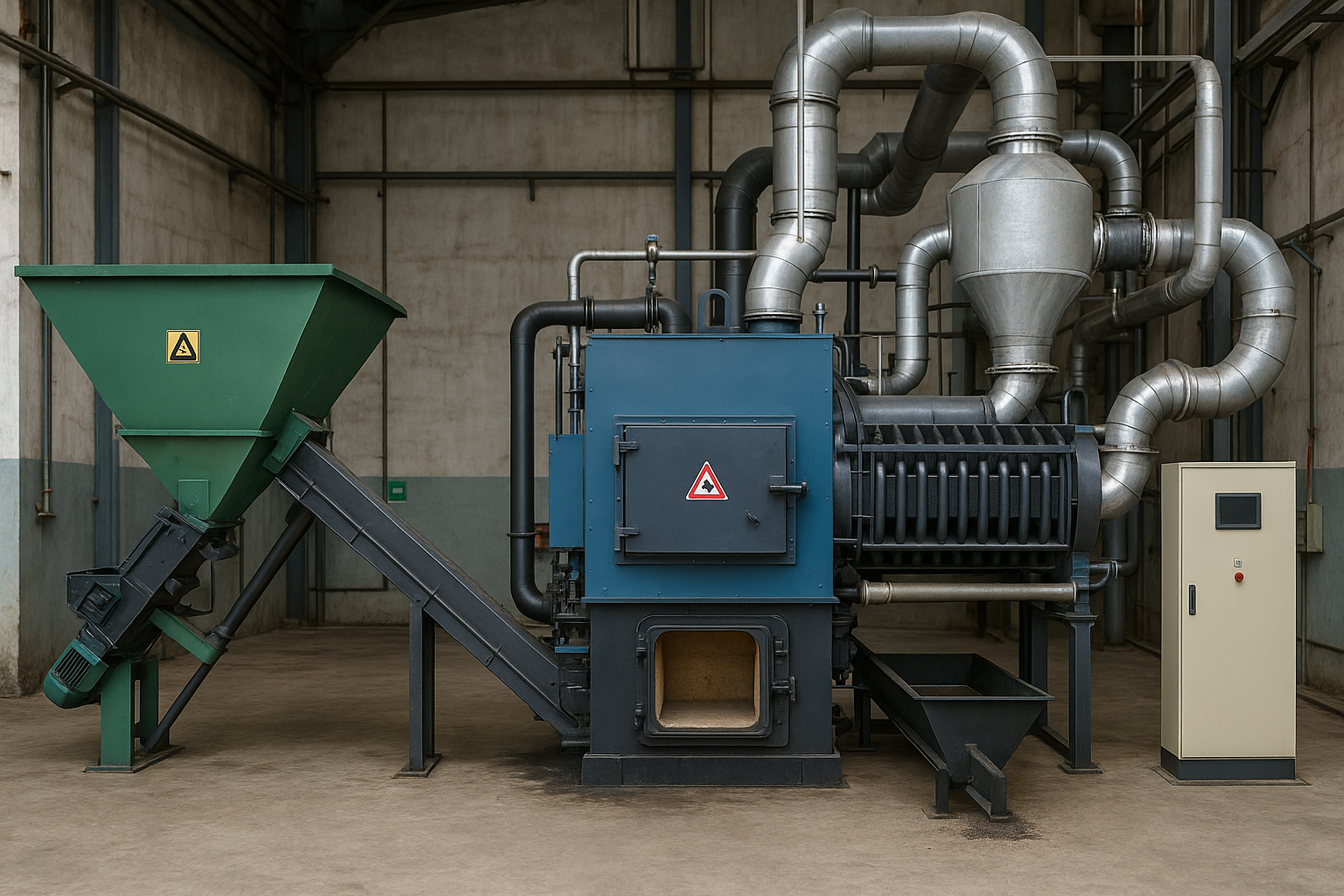 Overview of the boiler room illustrating main modules of a biomass boiler: hopper and feed belt, combustion chamber door, heat exchange tube bundle, ash/sliding conveyors and control cabinet in a plant.