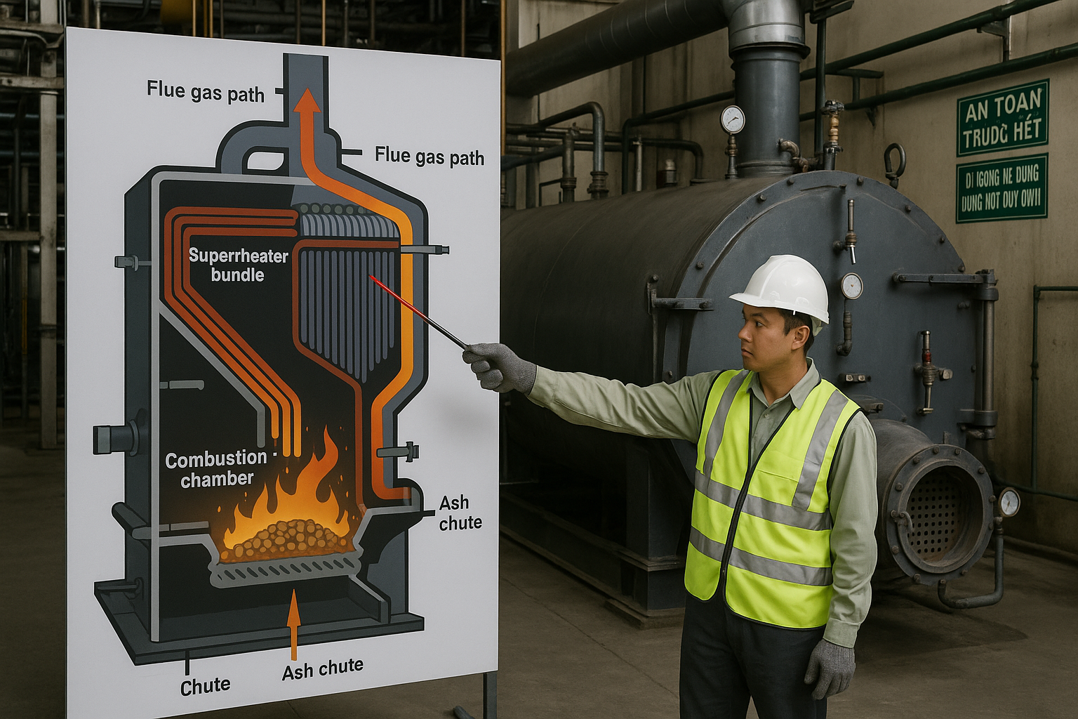 Cross-section of a biomass boiler next to a real boiler, engineer points out combustion chamber, steam tubes, steam drum and hot gas path