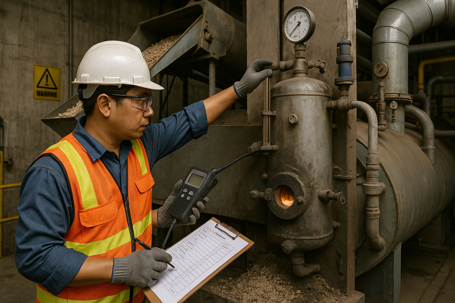 Technician checks steam drum water sight glass and measures flue gas near the biomass boiler combustion door
