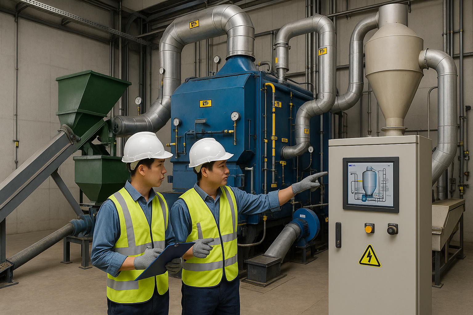 Biomass boiler area with automatic feeding, fans, economizer, emissions treatment, ash conveyor and PLC cabinet; engineer checks a checklist.