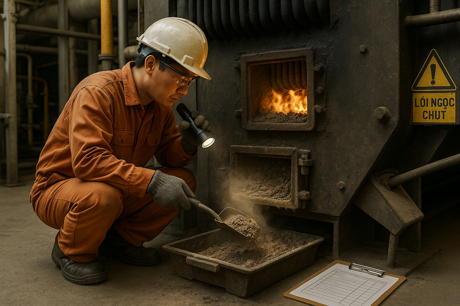 Technician checks ash and uneven flame at the combustion door of a biomass boiler