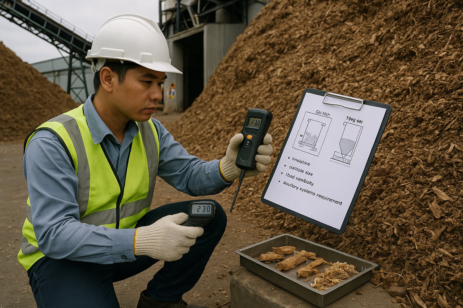 Engineer checks fuel moisture at the storage area, holding a moisture meter and a clipboard comparing 'Chain-grate' and 'Fluidized bed', with sample fuel and floor conveyors.