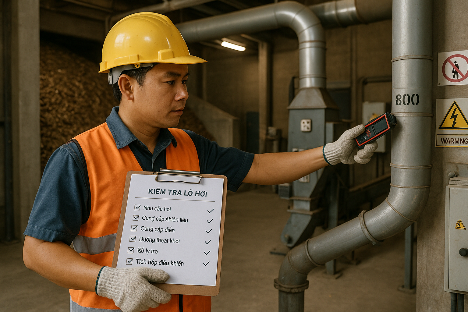 Engineer surveys a biomass boiler site, measuring distances and checking a checklist near the fuel store, stack and electrical cabinet.