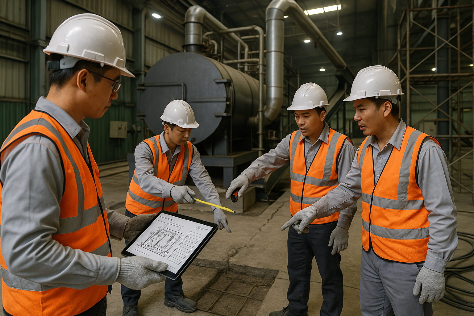 Engineer surveys the boiler installation location in the workshop, checking checklist and measuring foundations, stack, feed conveyors
