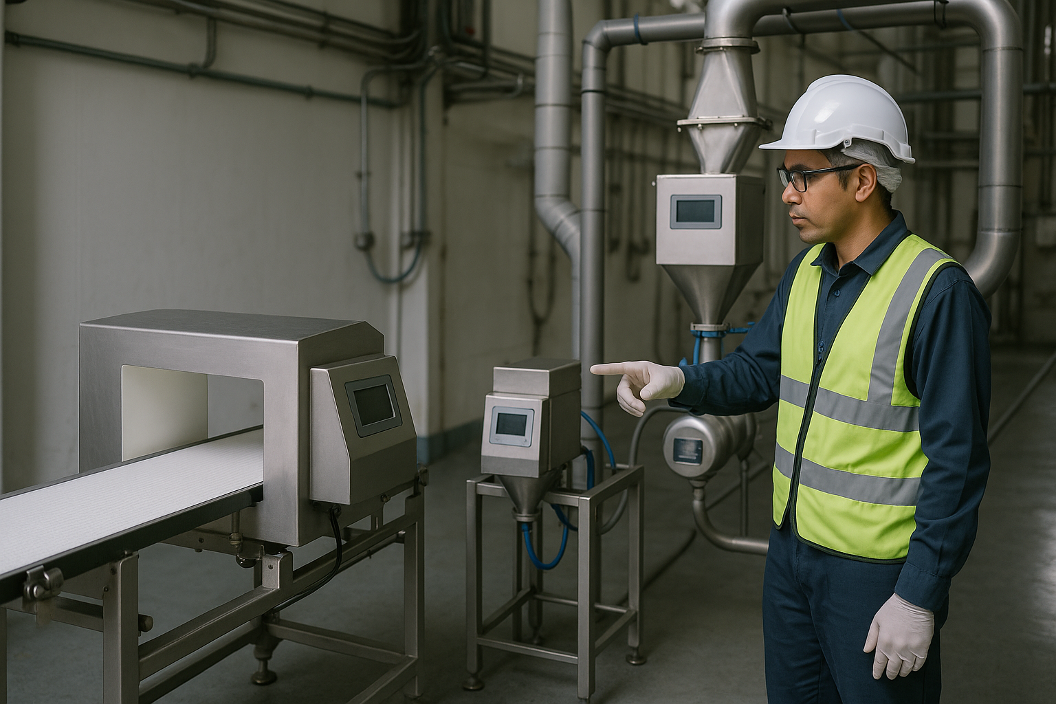 工程師在生產線檢查三種金屬探測器