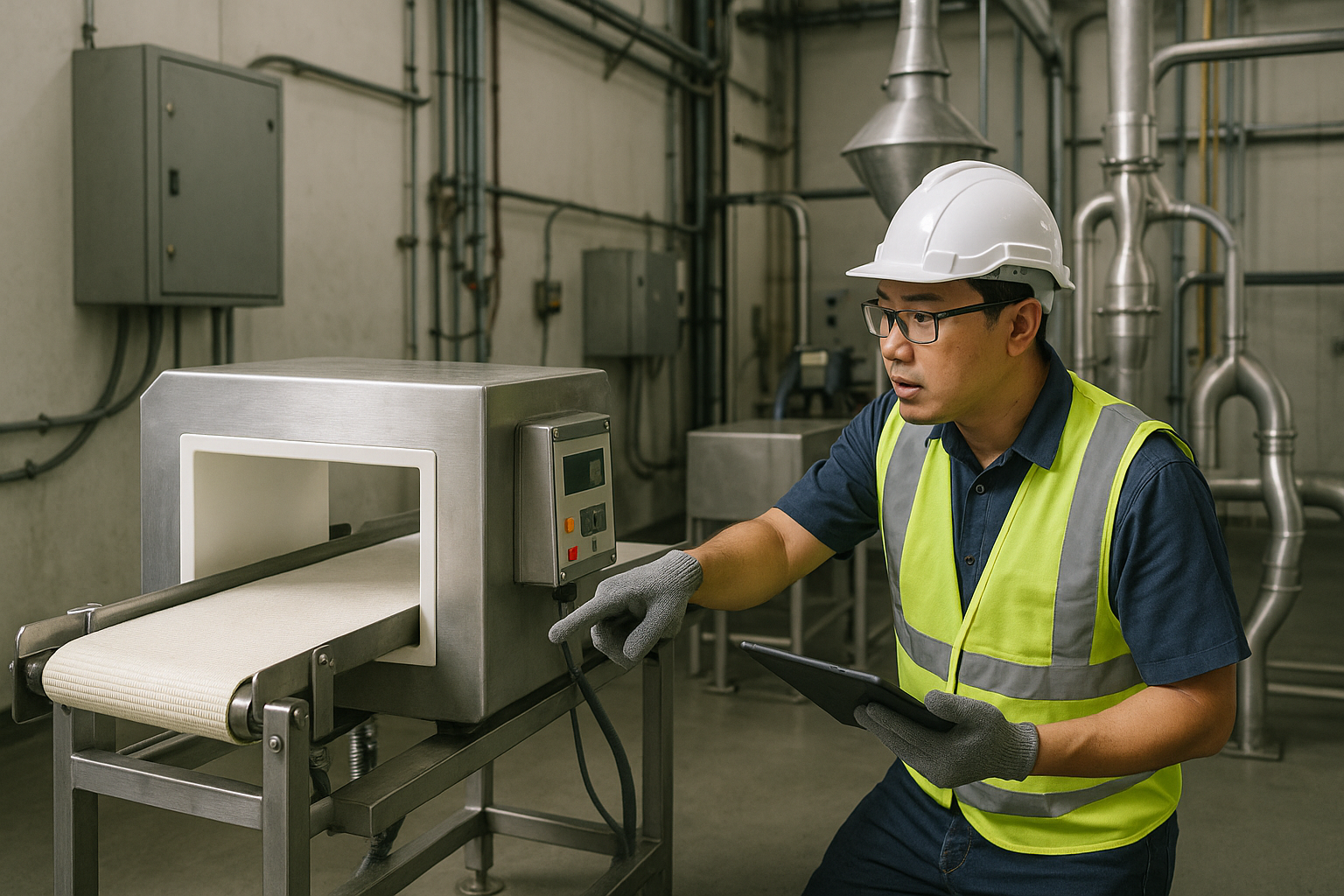 工程師在生產區檢查輸送帶式金屬探測器