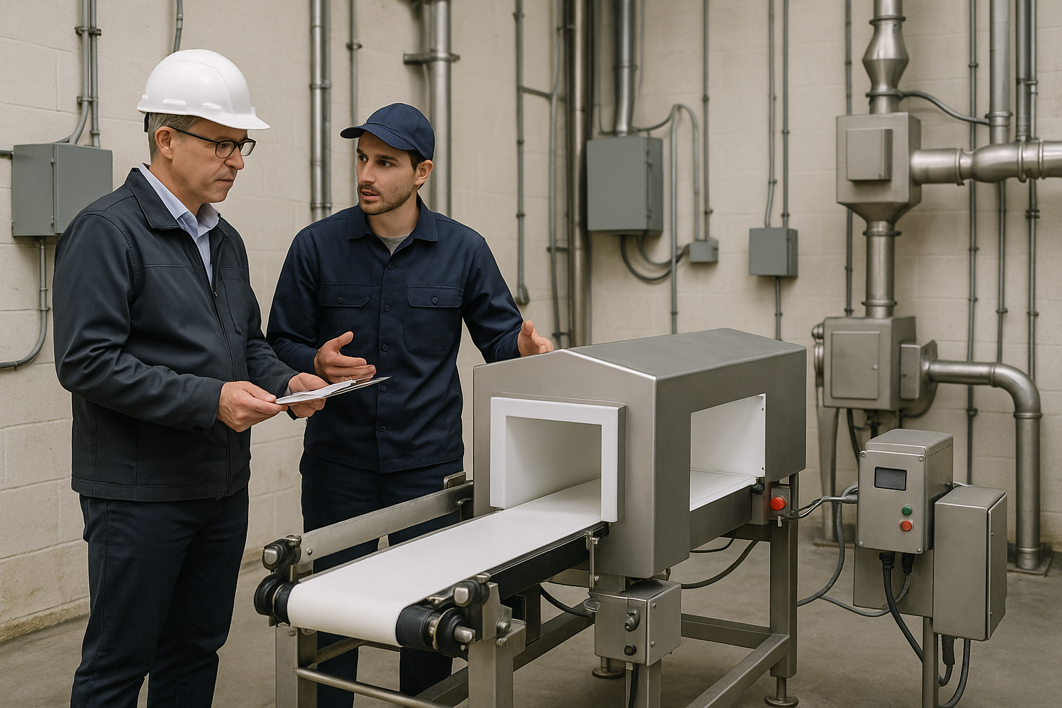 工程師在生產線區檢查三種金屬探測器