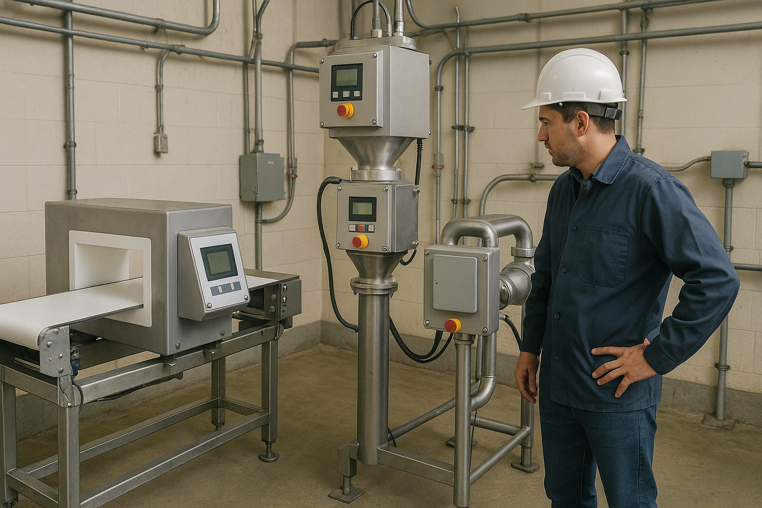 工程師在工廠區檢查三種金屬探測器