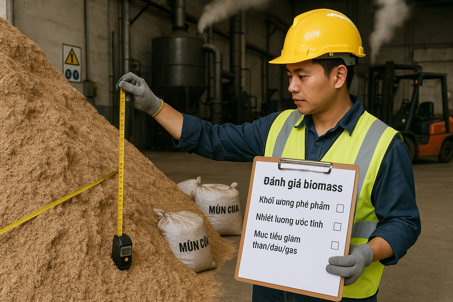 Kỹ sư kiểm tra đống mùn cưa và checklist đánh giá khả năng dùng biomass trong nhà máy gỗ.