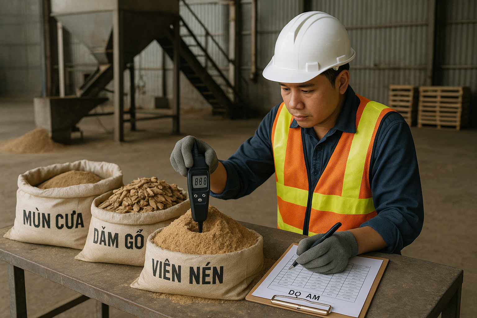Kỹ thuật viên đo độ ẩm mùn cưa, dăm gỗ và viên nén trong kho nhà máy.
