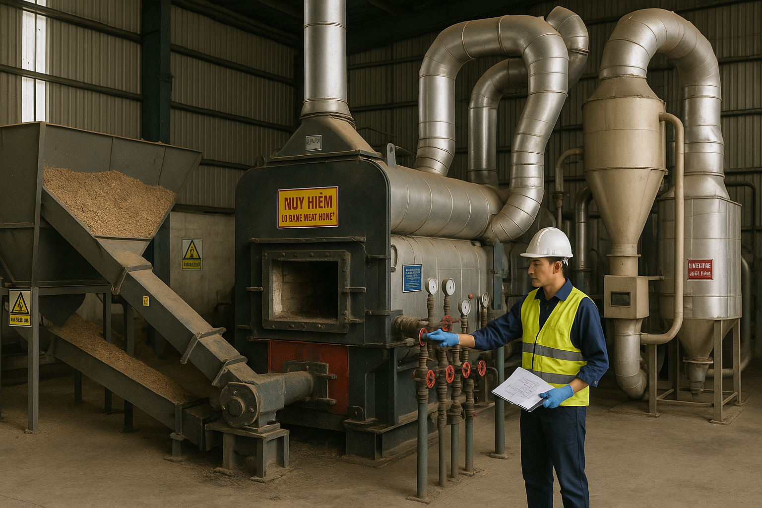 Phòng lò hơi biomass nhà máy gỗ với phễu cấp liệu, băng tải, buồng đốt, economizer và kỹ thuật viên kiểm tra