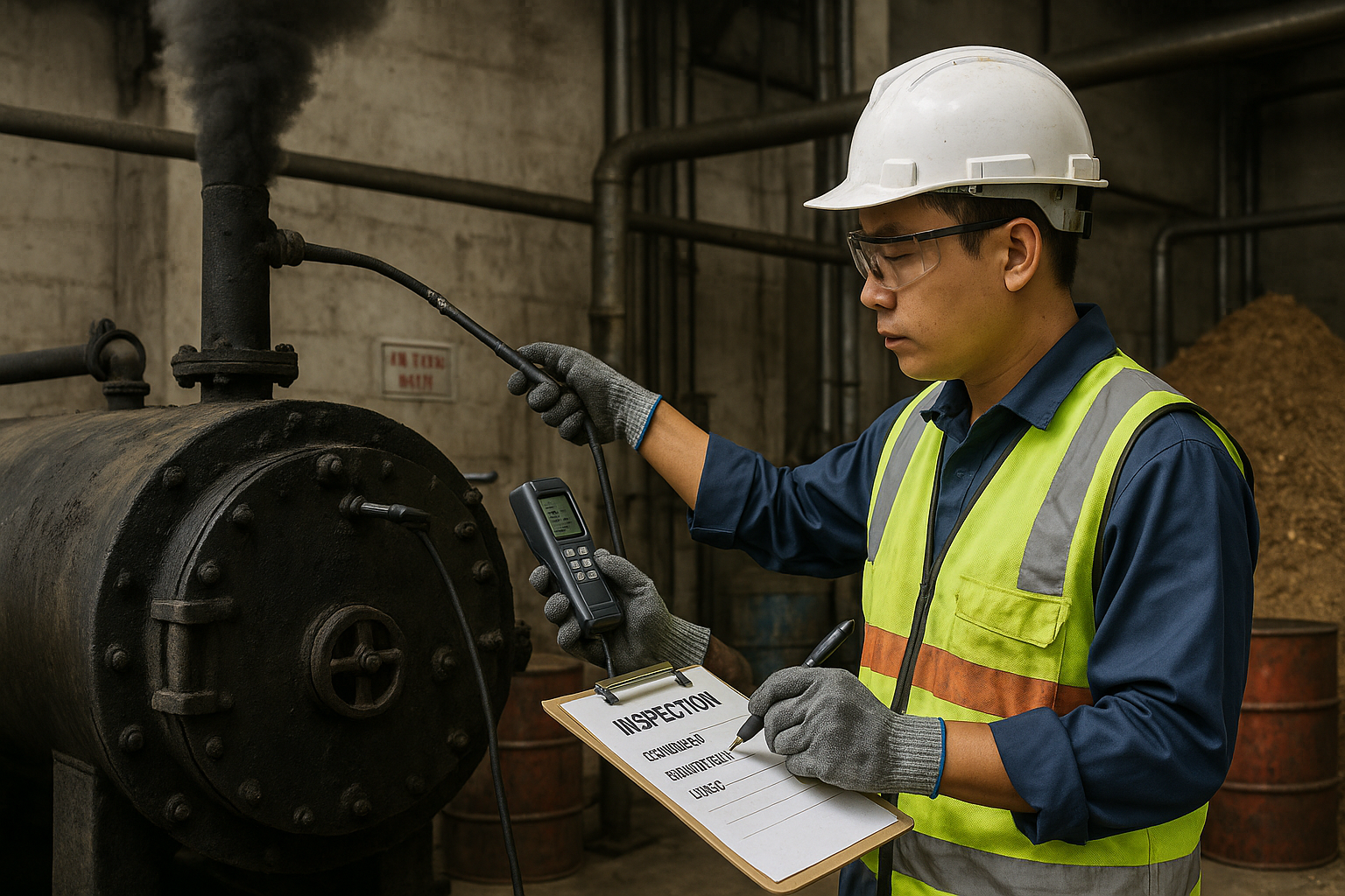 Kỹ thuật viên kiểm tra lò hơi công nghiệp: đo khí thải, thấy bồ hóng và khói đen, bồn nhiên liệu và phế liệu gỗ gần đó.