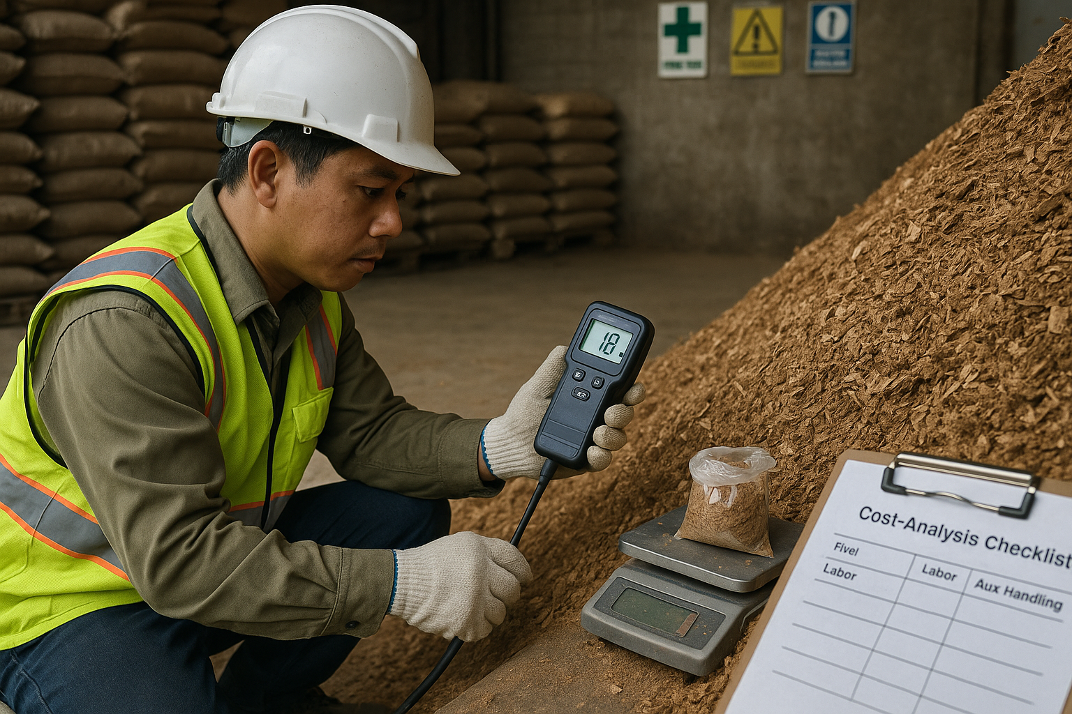 Kỹ sư đang đo độ ẩm mùn cưa bằng máy đo cầm tay tại kho biomass, kèm clipboard checklist chi phí và cân mẫu