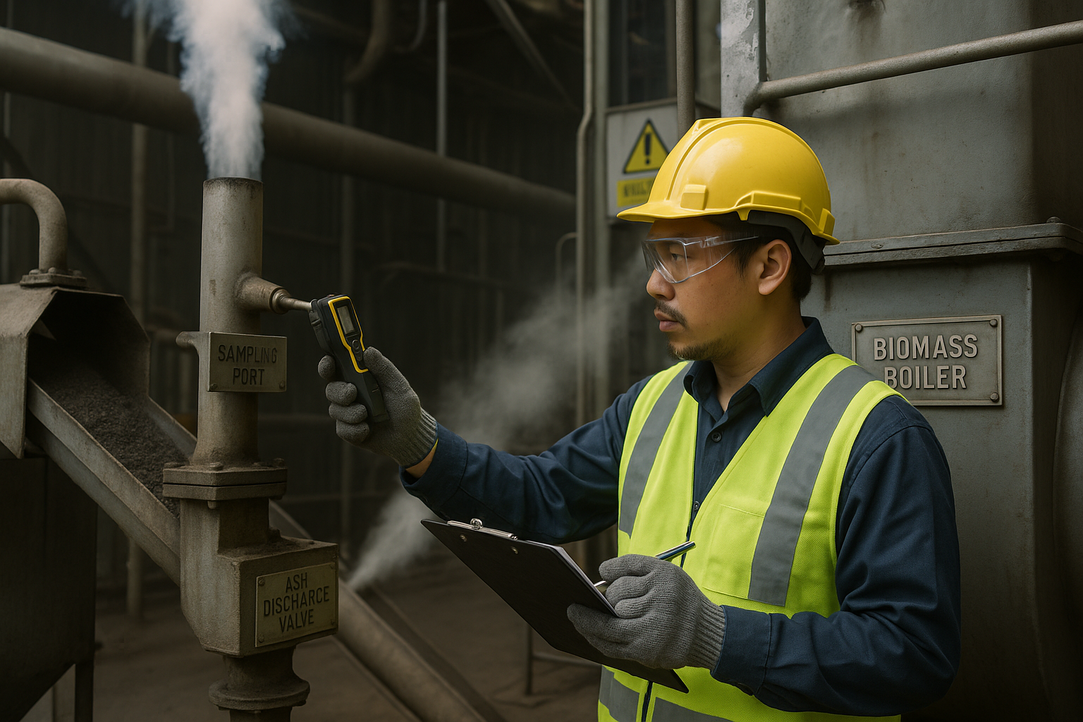 Kỹ thuật viên kiểm tra cổng lấy mẫu khí trên ống khói và silo tro lò hơi biomass trong nhà máy gỗ