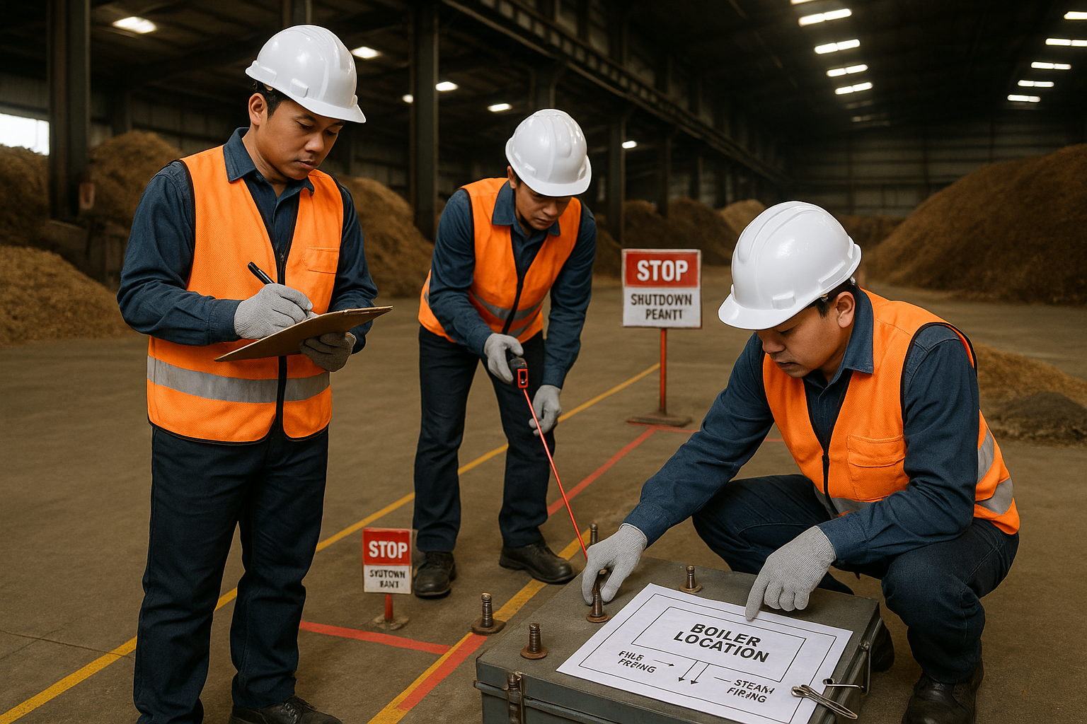 Kỹ thuật viên khảo sát vị trí lắp đặt lò hơi biomass trong nhà xưởng gỗ, đo khoảng cách và ghi checklist trước lắp đặt