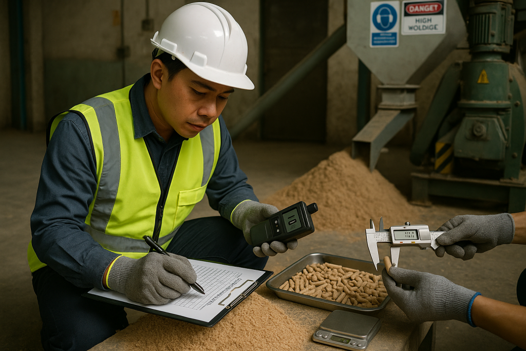 Kỹ sư nhà máy gỗ đo độ ẩm mùn cưa và kiểm tra mẫu viên nén trên clipboard tại khu thử nghiệm dây chuyền pellet.