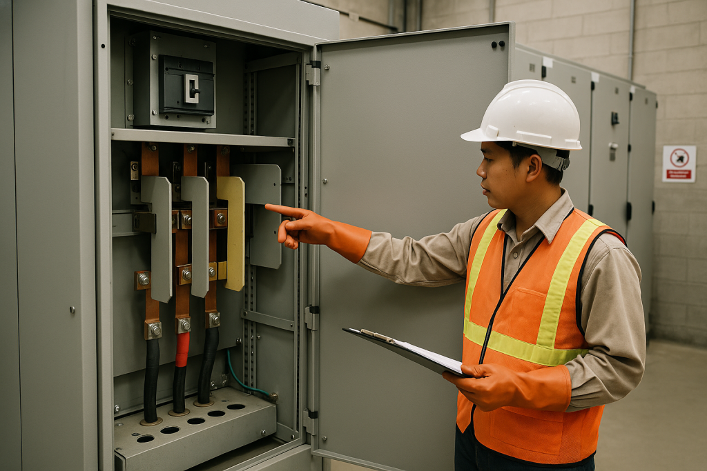 Tủ MSB mở lộ ngăn chức năng và thanh cái, kỹ sư mặc PPE đang chỉ dẫn