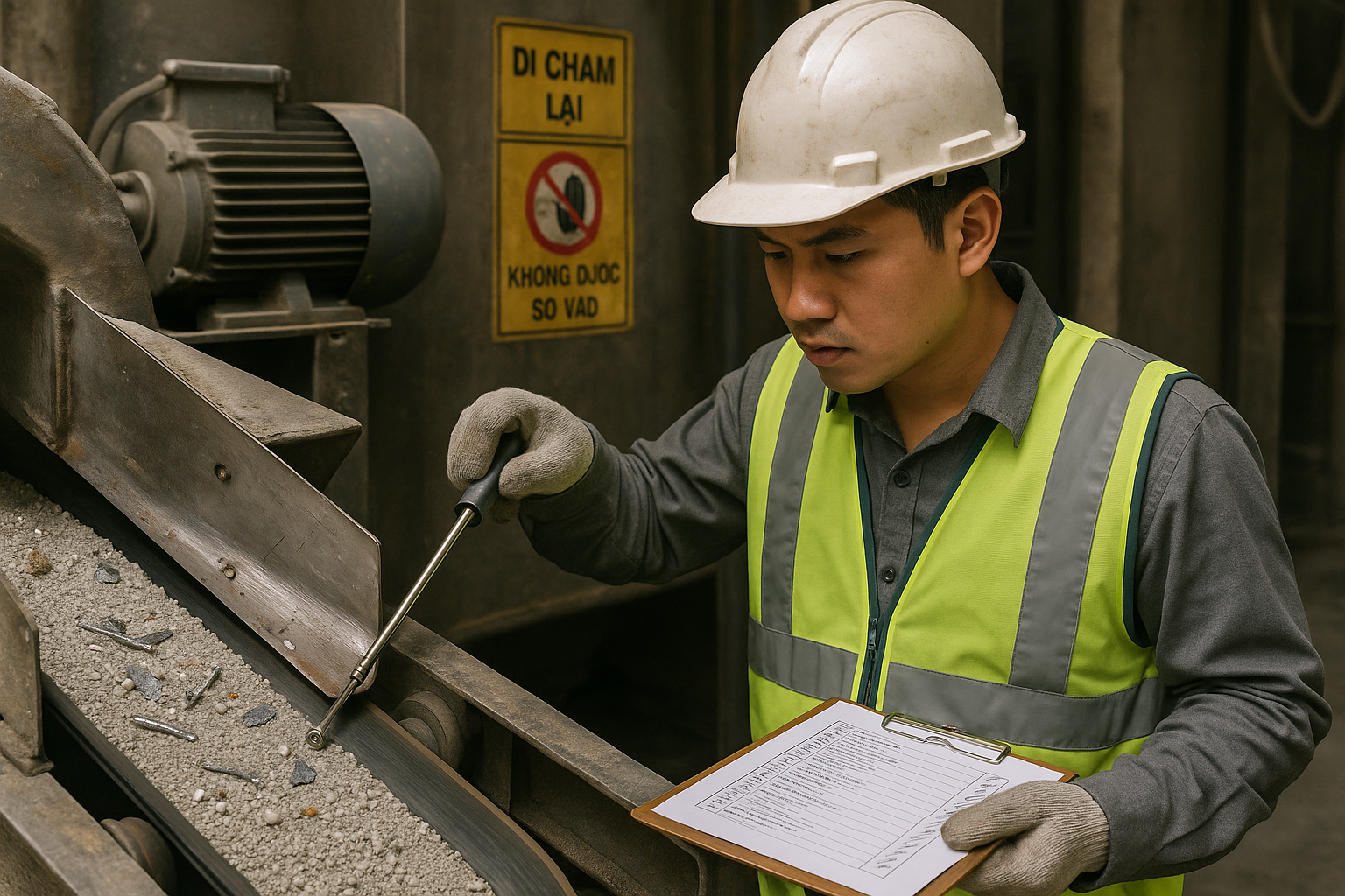 Kỹ thuật viên kiểm tra băng chuyền có mảnh kim loại, ốc vít lỏng và vết mòn trên máng inox tại nhà máy Việt Nam.