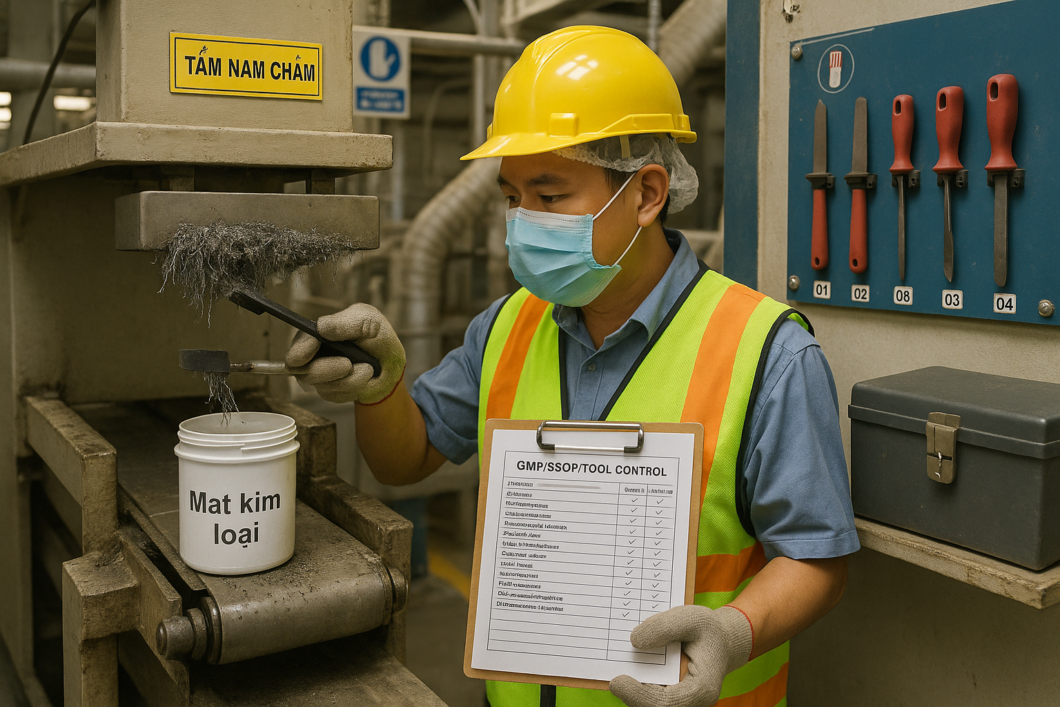 Kỹ thuật viên kiểm tra tấm nam châm trên băng chuyền, thu gom mạt kim loại vào hộp và đối chiếu checklist quản lý dụng cụ.