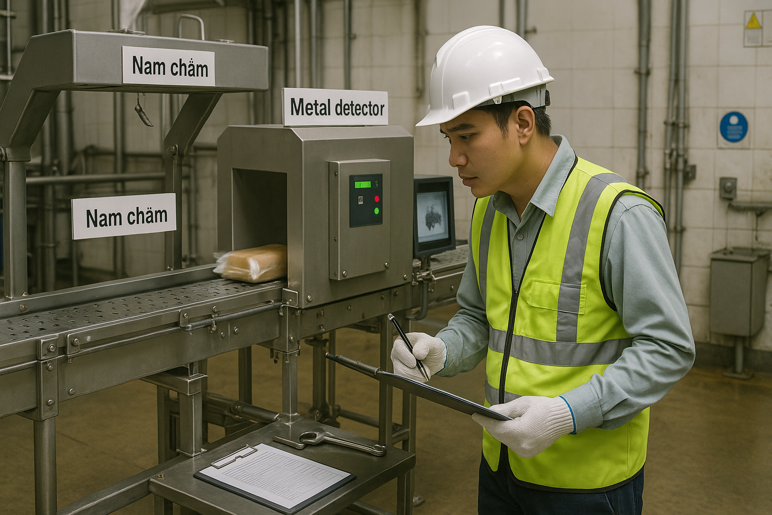 Kỹ sư kiểm tra nam châm, máy dò kim loại và máy X-ray trên cùng một băng tải trong nhà máy, thấy mảnh kim loại dính vào nam châm và ảnh X-ray có vùng cản quang.