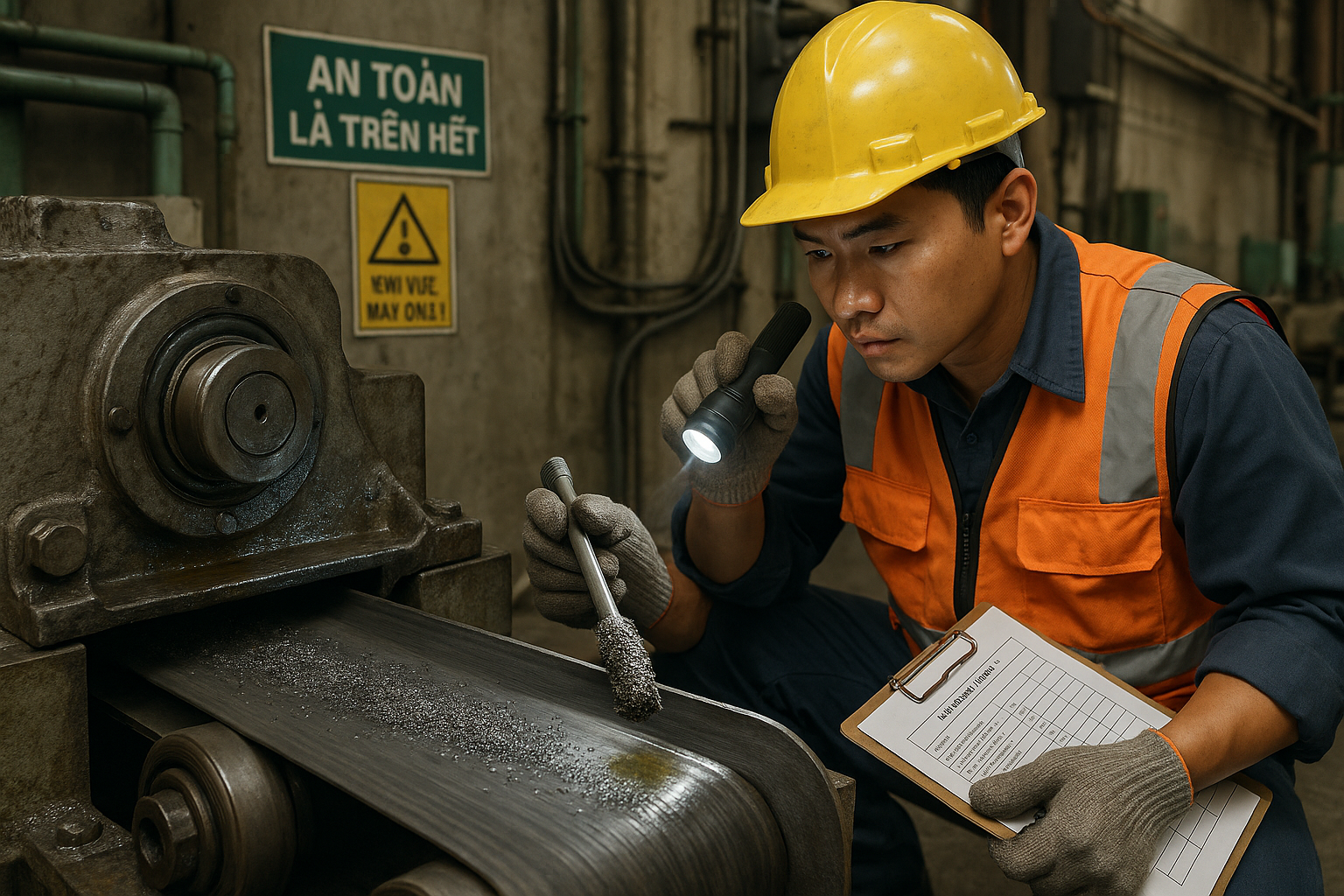 Kỹ thuật viên kiểm tra mạt kim loại tại ổ trục băng chuyền, mạt kim loại tập trung và ốc vít lỏng