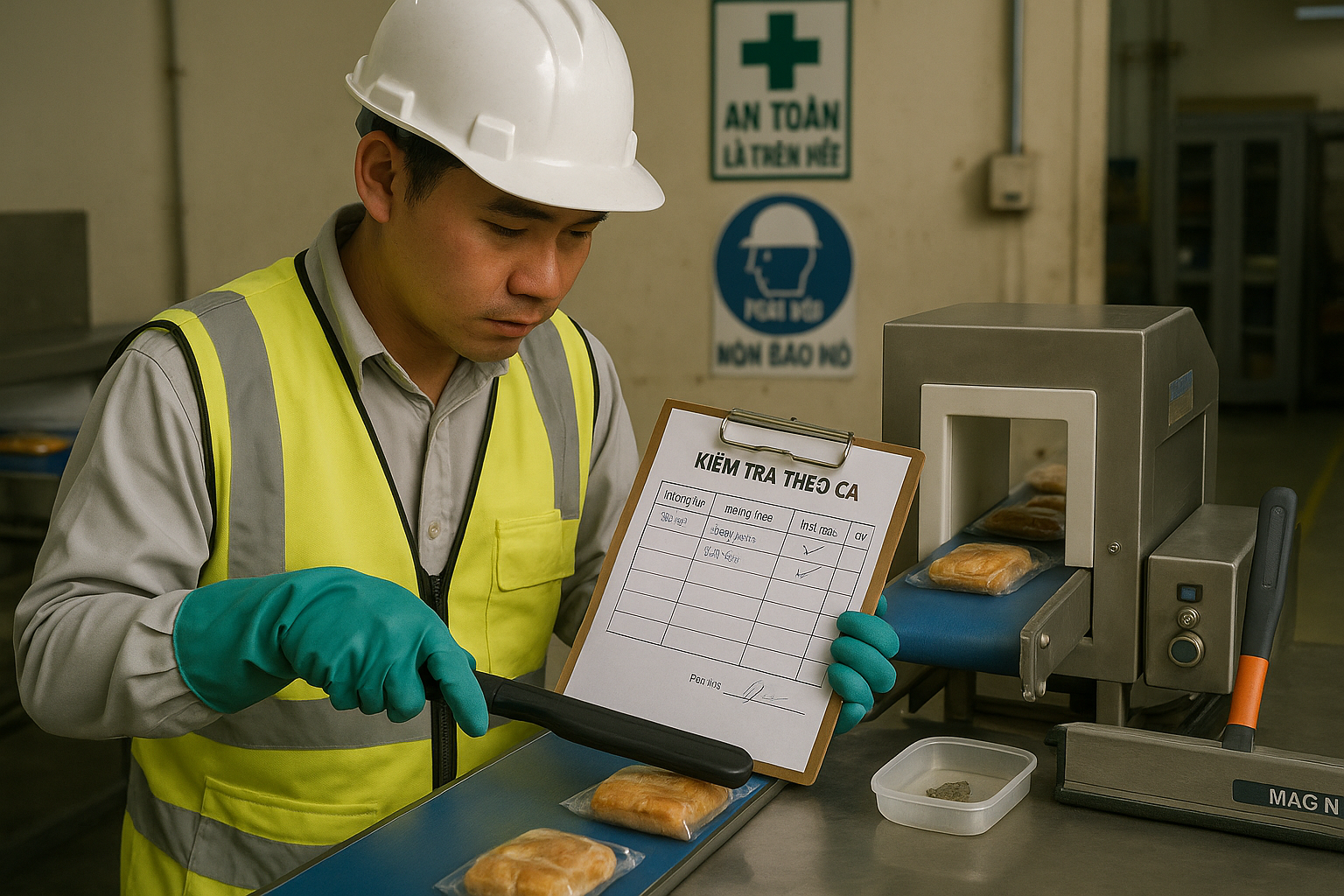 Kỹ thuật viên quét máy dò kim loại cầm tay và ghi checklist 'Kiểm tra theo ca' bên băng chuyền đóng gói, khay mẫu chứa mảnh kim loại nghi ngờ.