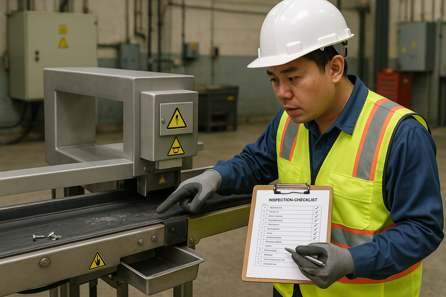 Kỹ sư kiểm tra băng tải có mạt kim loại, so sánh checklist và vị trí lắp đầu dò kim loại