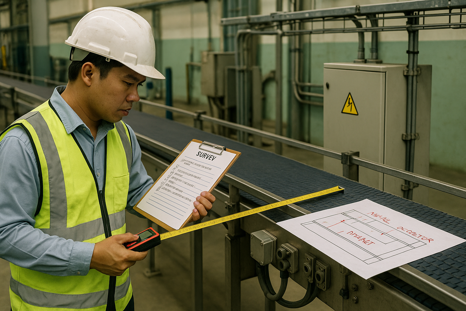 Kỹ sư khảo sát lắp đặt máy dò kim loại trên dây chuyền: đo khoảng cách và ghi checklist số điểm kiểm tra