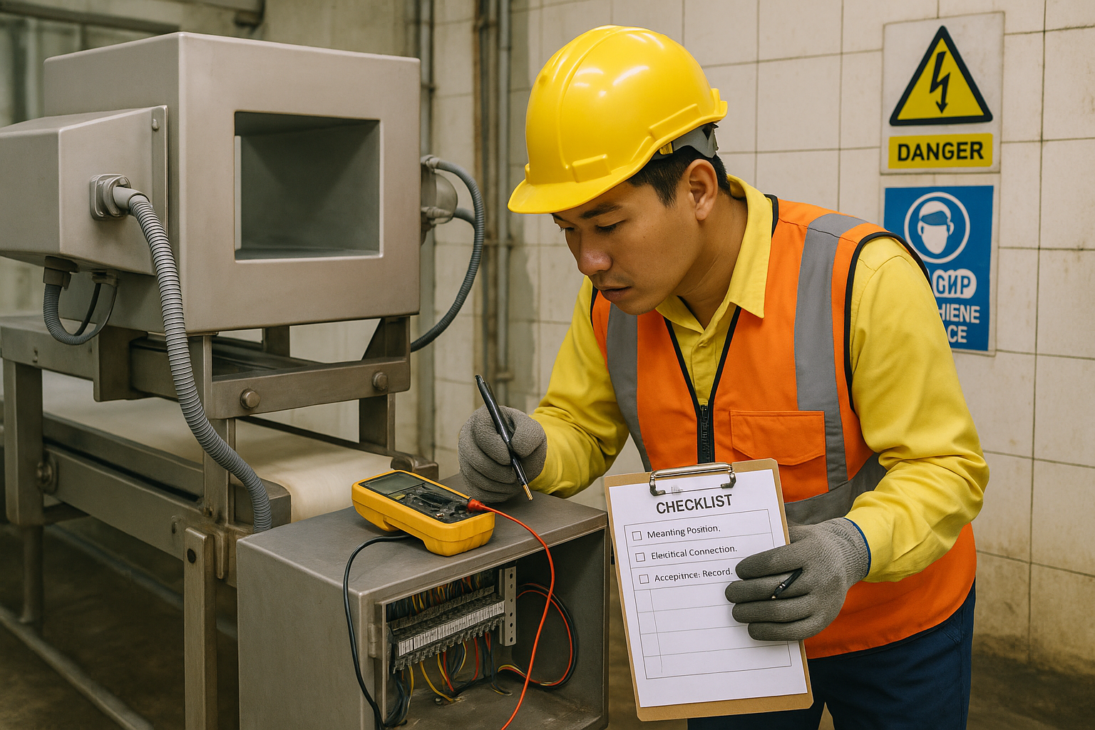 Kỹ sư khảo sát tích hợp máy dò kim loại trên băng tải, kiểm tra tủ điện và ghi chép checklist.