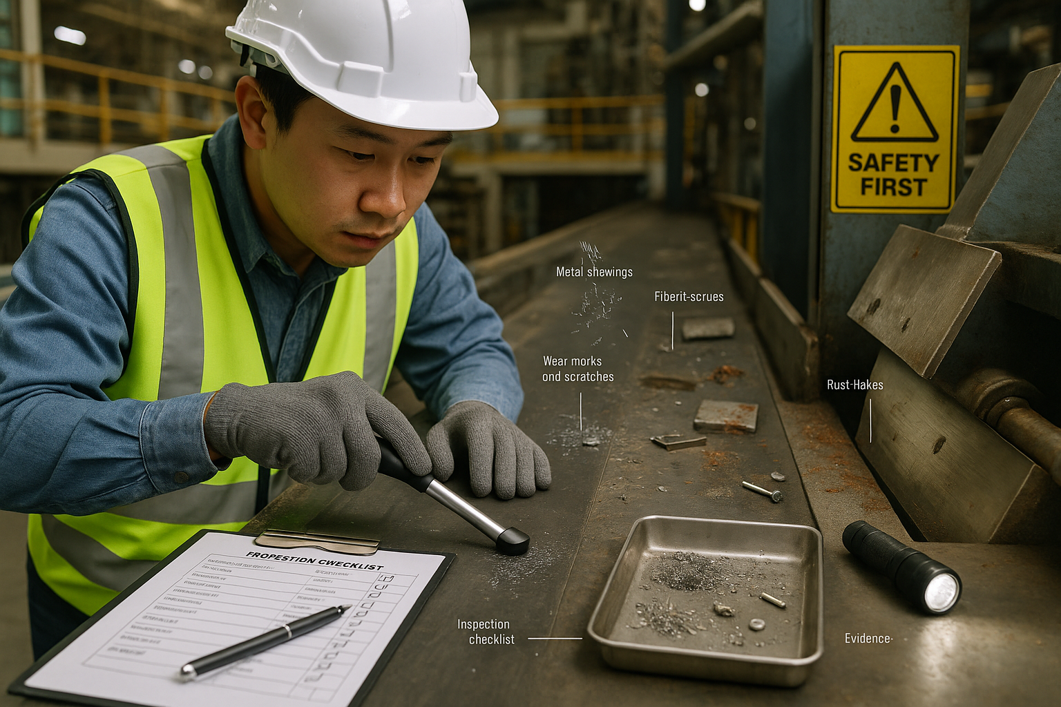 Kỹ thuật viên quét băng tải bằng nam châm thu phoi kim loại, thấy vít lỏng, vết mòn lưỡi cắt và khay thu mẫu với phiếu checklist ở nhà máy