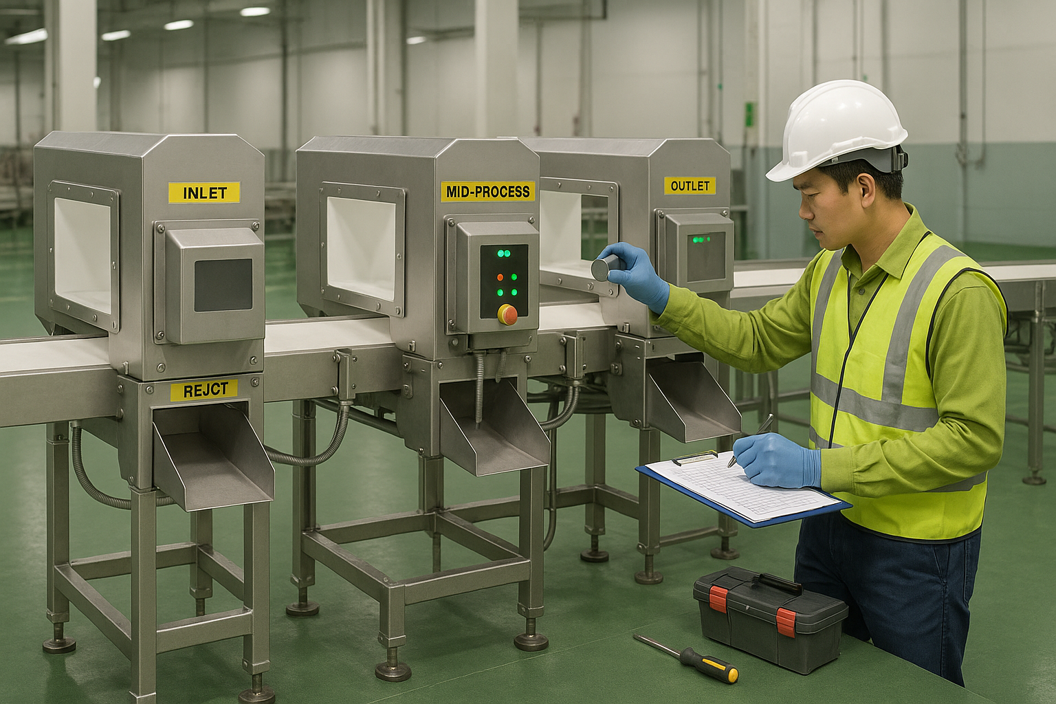 Kỹ thuật viên kiểm tra máy dò kim loại trên dây chuyền băng tải với checklist, bảng đèn trạng thái và máng loại sản phẩm.