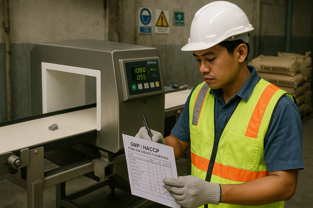 Kỹ thuật viên kiểm tra máy dò kim loại và checklist GMP/HACCP trên dây chuyền đóng gói
