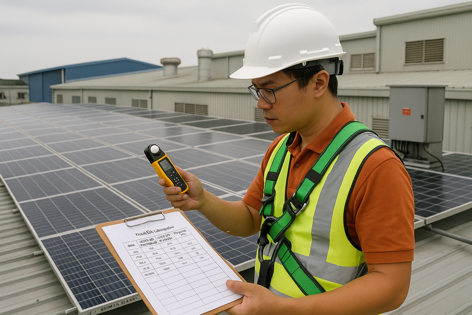 Kỹ sư trên mái xưởng kiểm tra bảng tính ROI và đo bức xạ tại hệ PV áp mái, có combiner box và nhãn kWp.