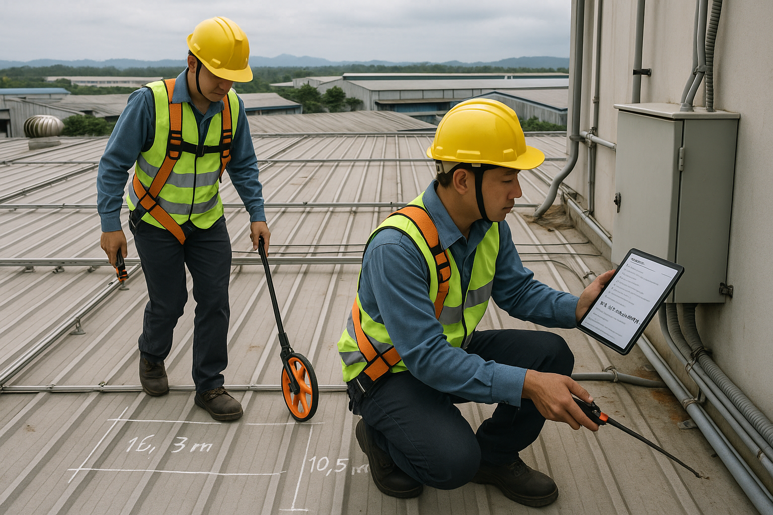 Kỹ sư khảo sát mái xưởng đo diện tích và đối chiếu checklist chi phí theo kWp