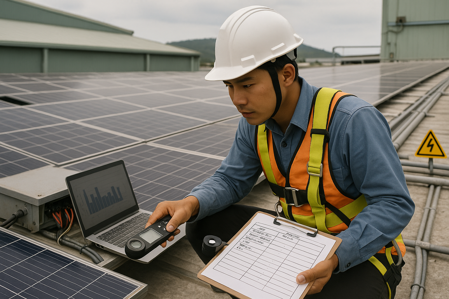 Kỹ sư khảo sát trên mái nhà xưởng kiểm tra checklist tài chính và đo bức xạ tấm pin để ước tính thời gian hoàn vốn hệ thống điện mặt trời áp mái.