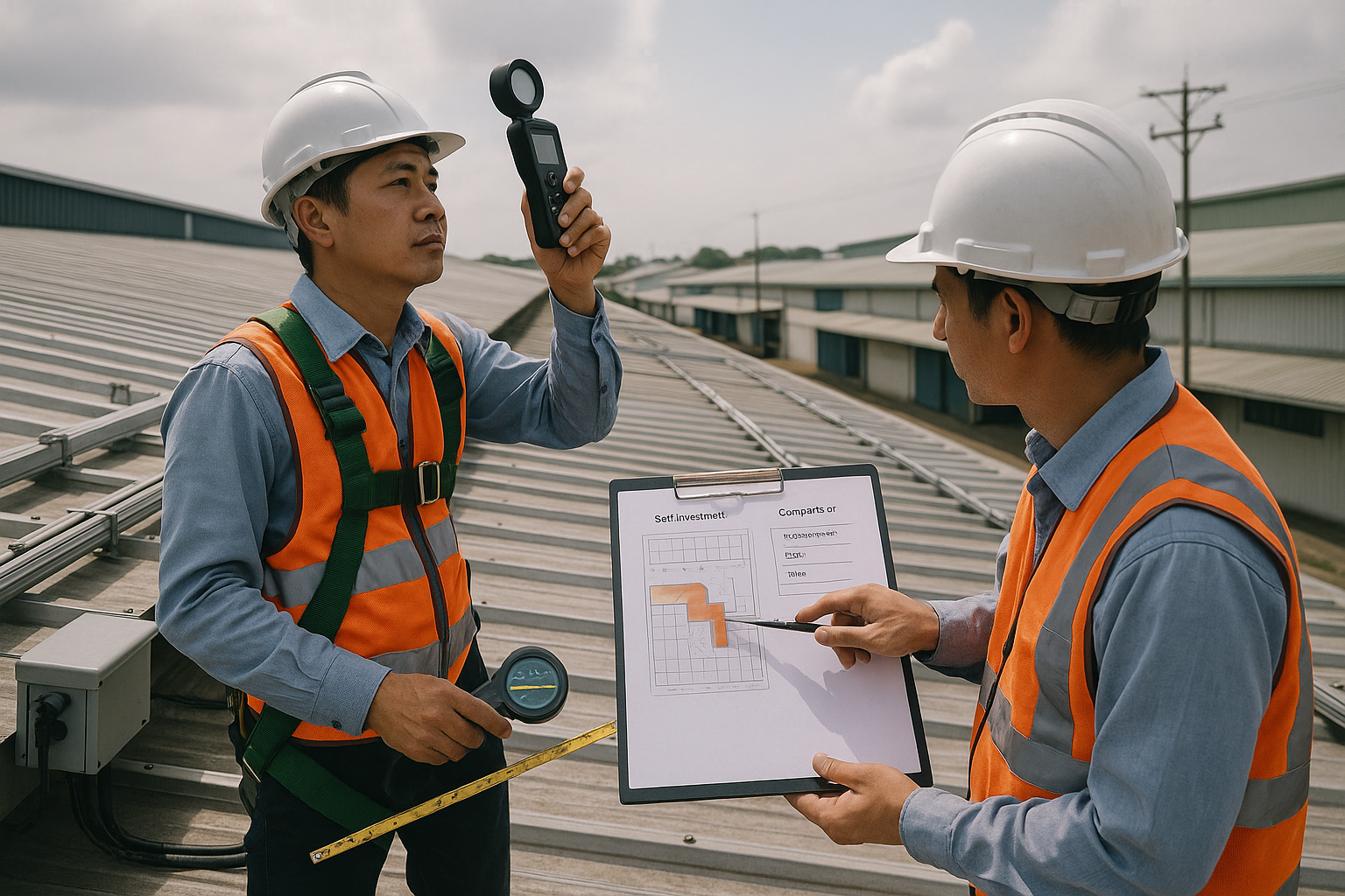 Kỹ sư khảo sát mái nhà xưởng đo bức xạ và so sánh phương án đầu tư năng lượng mặt trời