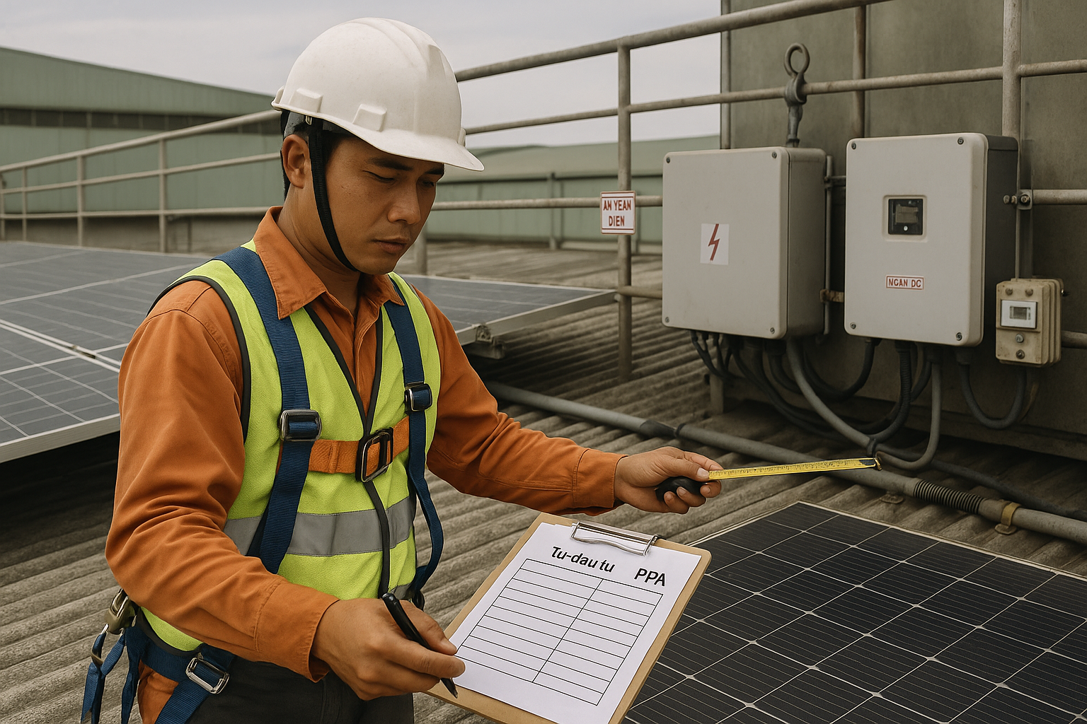 Khảo sát mái xưởng: so sánh tự đầu tư vs PPA Kỹ sư khảo sát mái xưởng PV, cầm checklist so sánh 'Tự đầu tư' và 'PPA', thước đo, inverter và công tơ nhìn thấy trên mái nhà máy Việt Nam.