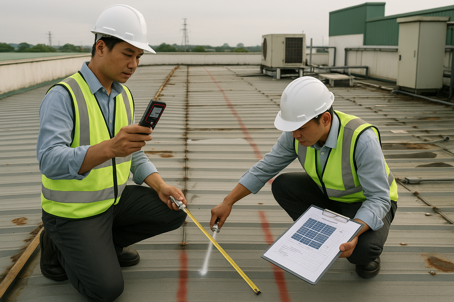 Khảo sát mái xưởng cho quyết định tự đầu tư vs PPA Kỹ sư khảo sát mái xưởng đo diện tích và kiểm tra hiện trạng để quyết chọn tự đầu tư hay PPA.