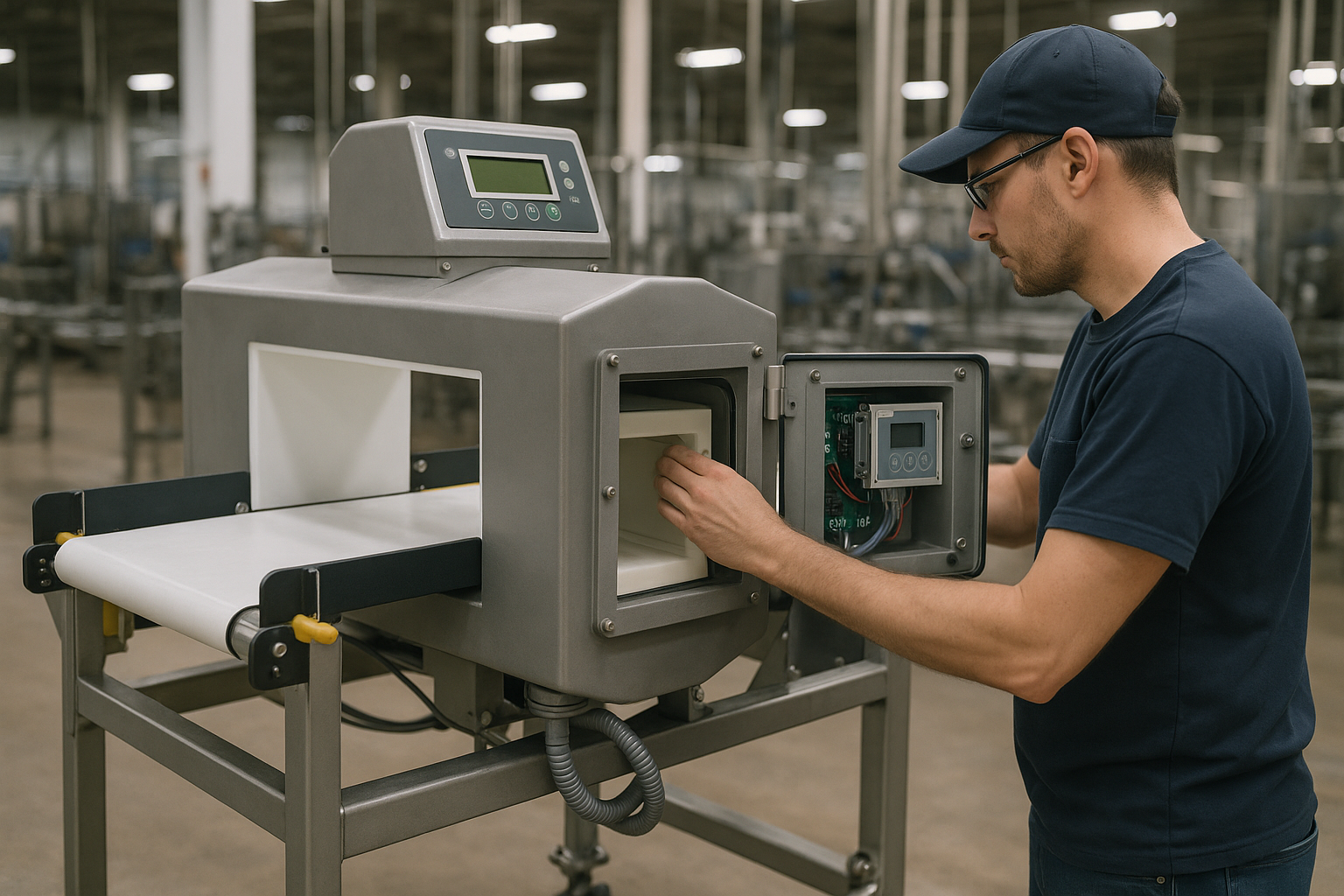 Kỹ thuật viên kiểm tra máy dò kim loại băng tải trên dây chuyền nhà máy