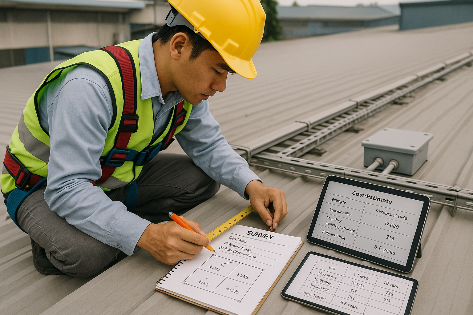 Kỹ sư khảo sát mái xưởng, đo diện tích và so sánh bảng ước tính chi phí rooftop solar 10 kWp