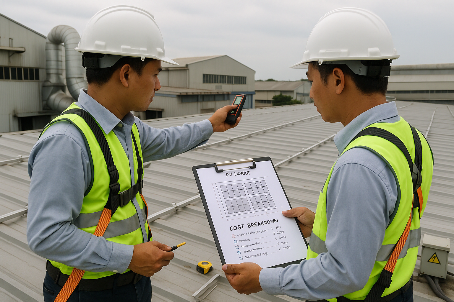 Kỹ sư khảo sát mái xưởng đo diện tích và so sánh phương án lắp đặt pin với hồ sơ chi phí