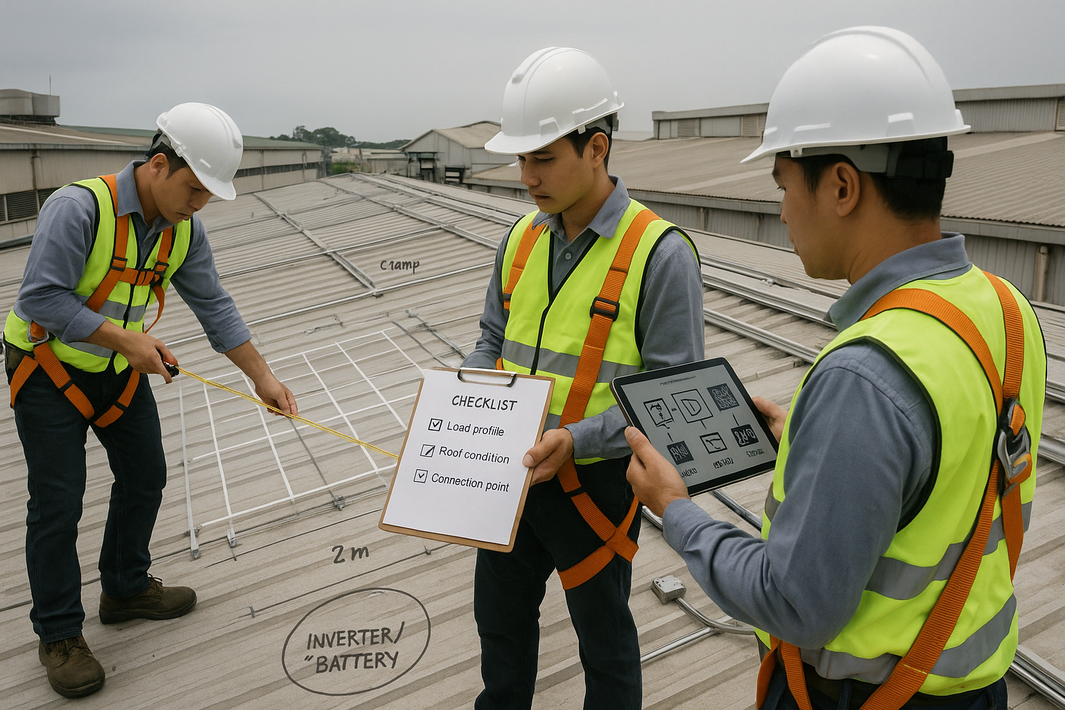 Kỹ sư khảo sát mái tôn nhà xưởng đo đạc và đánh dấu bố trí tấm pin để chọn on-grid/hybrid/off-grid.