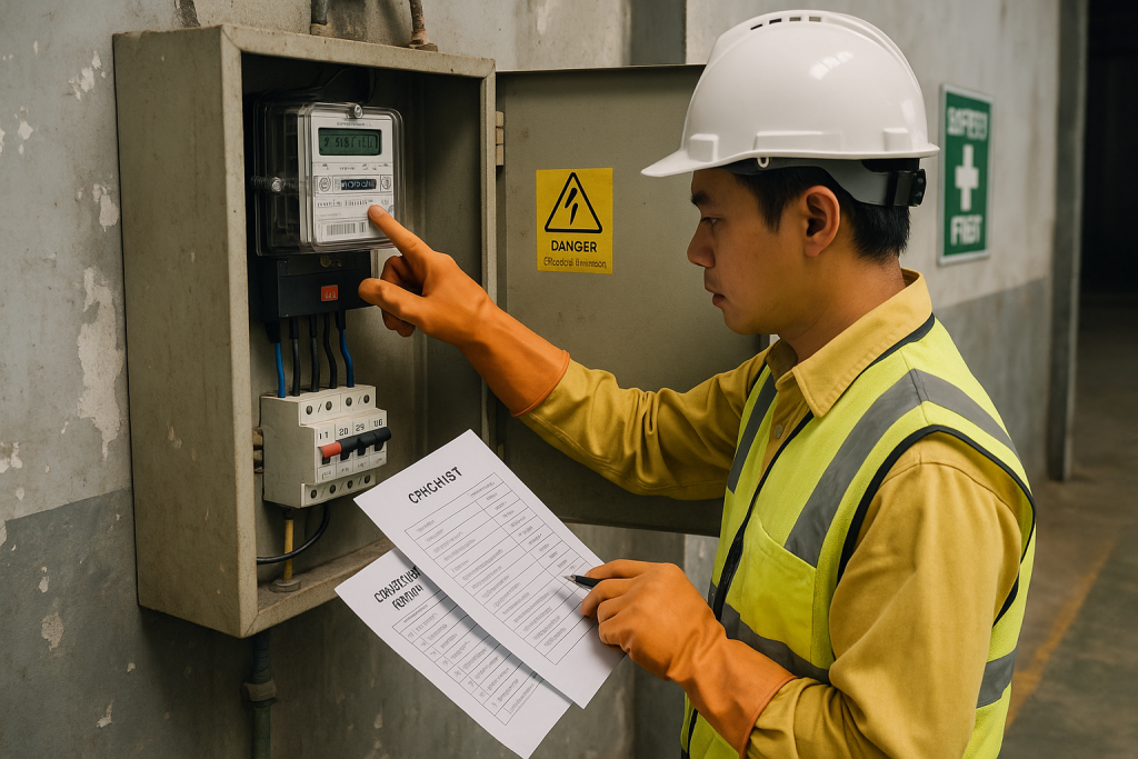 Kỹ thuật viên đối chiếu số serial công tơ và checklist hồ sơ hòa lưới tại tủ điện nhà xưởng