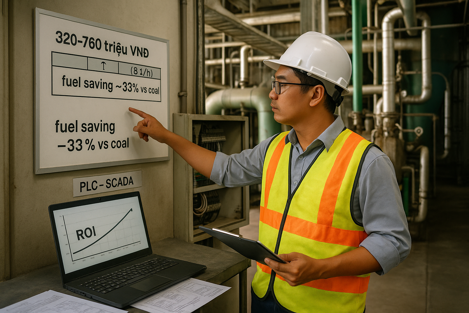 Kỹ sư kiểm tra bảng so sánh chi phí đầu tư và biểu đồ ROI cho dự án biomass tại nhà máy.
