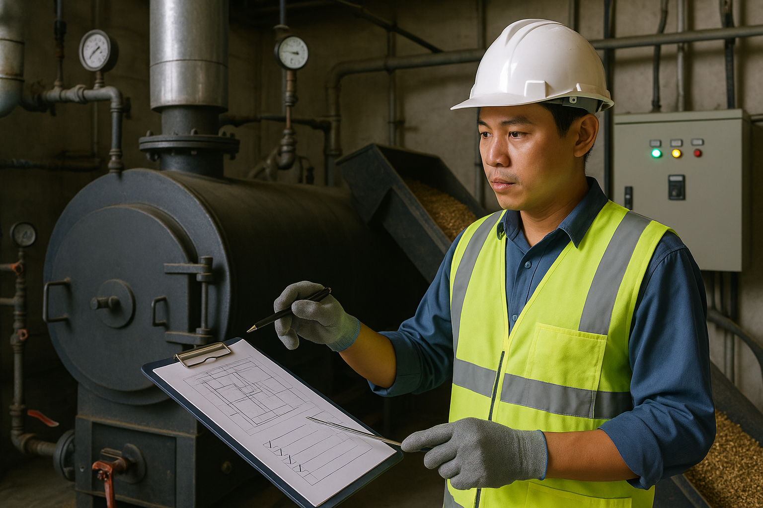 Kỹ sư kiểm tra sơ đồ bố trí và hiện trạng lò hơi để lập phương án chuyển đổi sang hệ sinh khối.