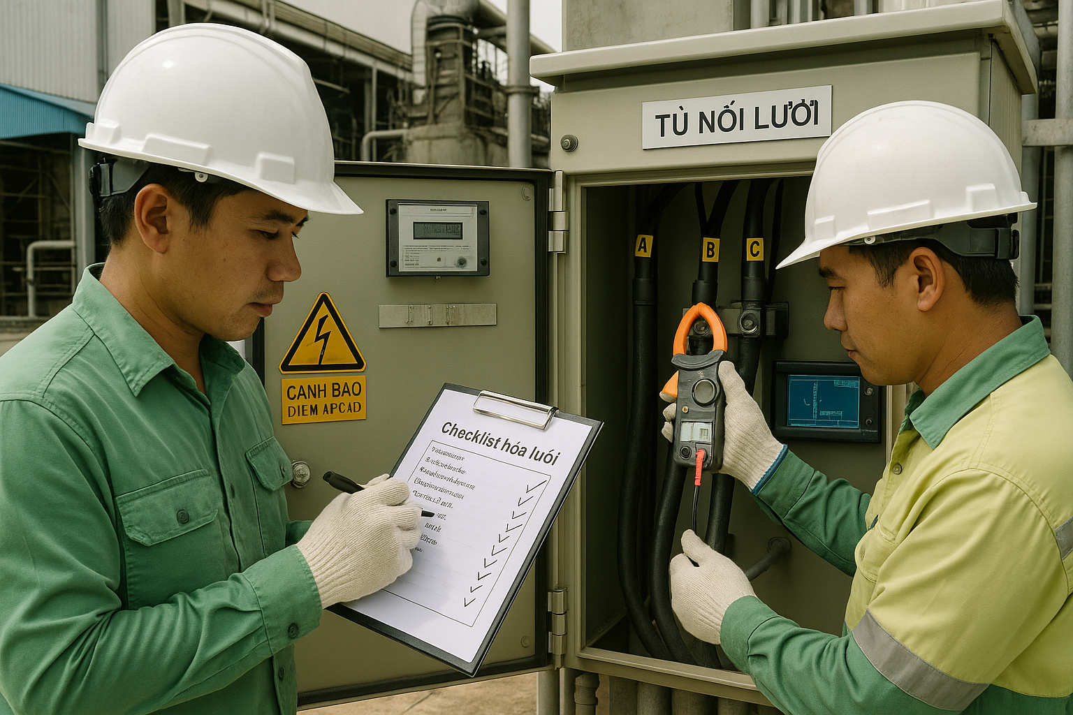 Kỹ thuật viên kiểm tra checklist hòa lưới và đo công tơ tại tủ nối lưới nhà máy biomass