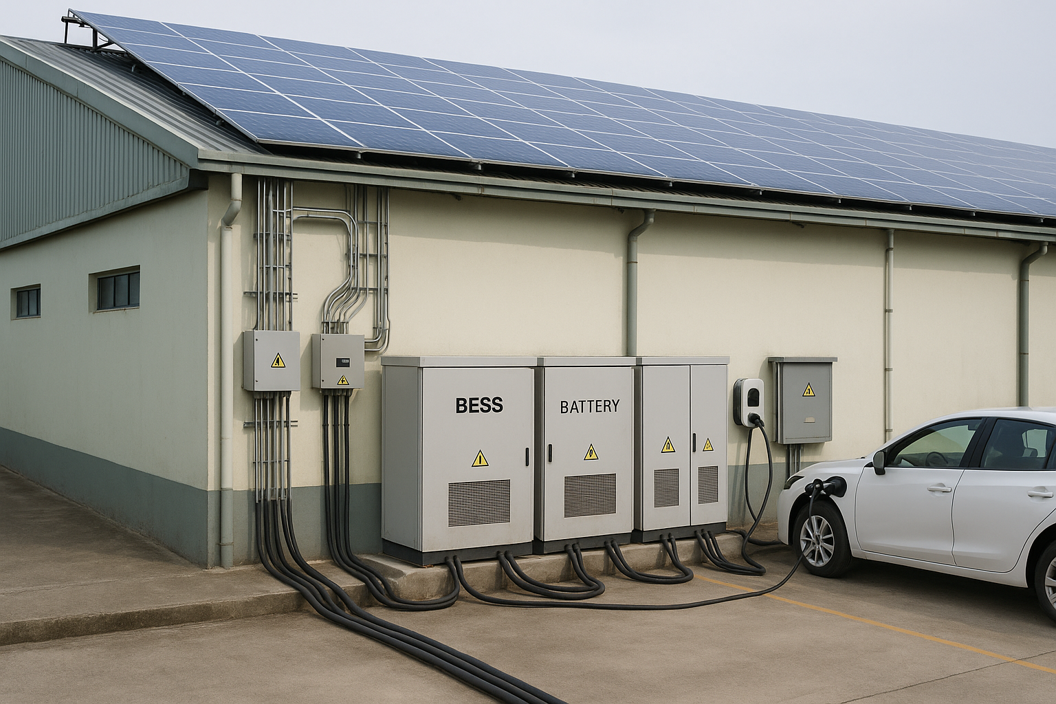 Nhìn tổng thể mái lắp PV, tuyến cáp xuống tủ inverter/combiner và dãy tủ BESS cạnh trạm sạc EV trong nhà máy