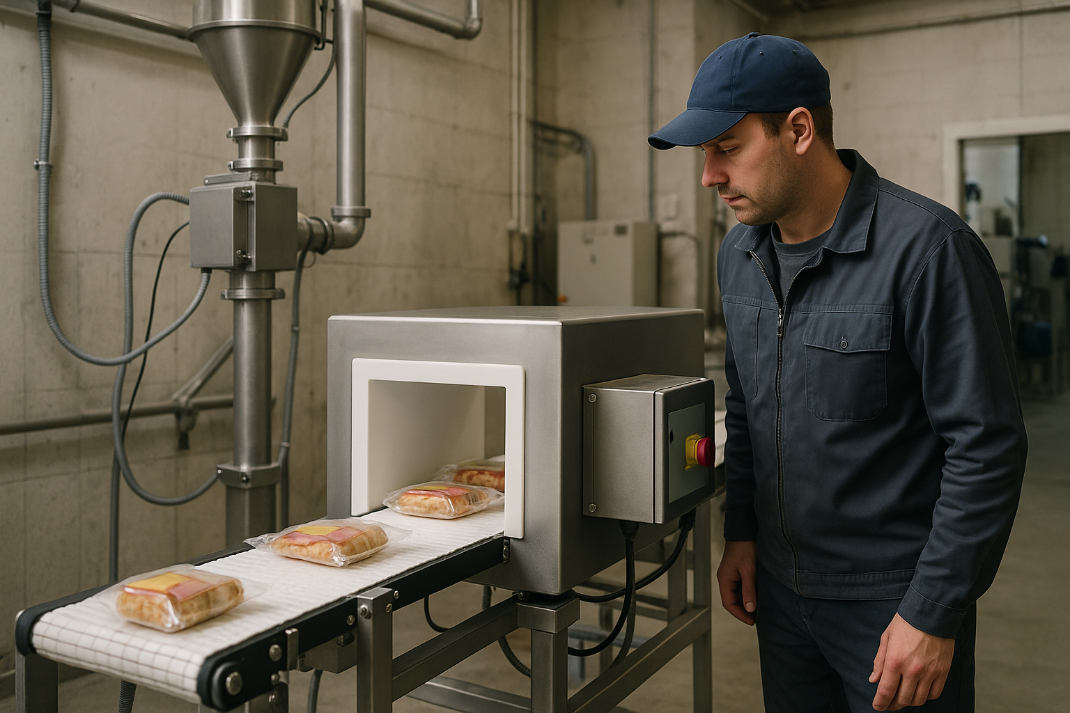 Kỹ sư kiểm tra máy dò kim loại băng tải trong khu sản xuất công nghiệp