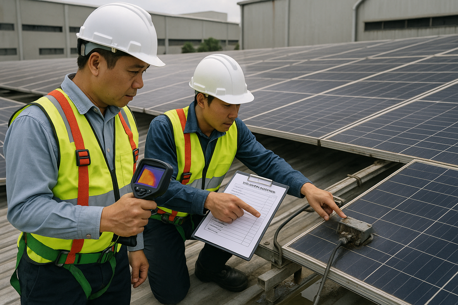 Kiểm tra rủi ro solar áp mái nhà xưởng Kỹ thuật viên kiểm tra mái xưởng có hệ thống pin mặt trời, thấy điểm nóng trên tấm PV, hộp đấu nối cháy sém và chỗ sụt lún mái.